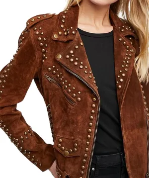 American Women Western Style Brown Black Silver Studded Suede Leather Motorcycle Jacket-Punk Rock Biker Leather Jacket