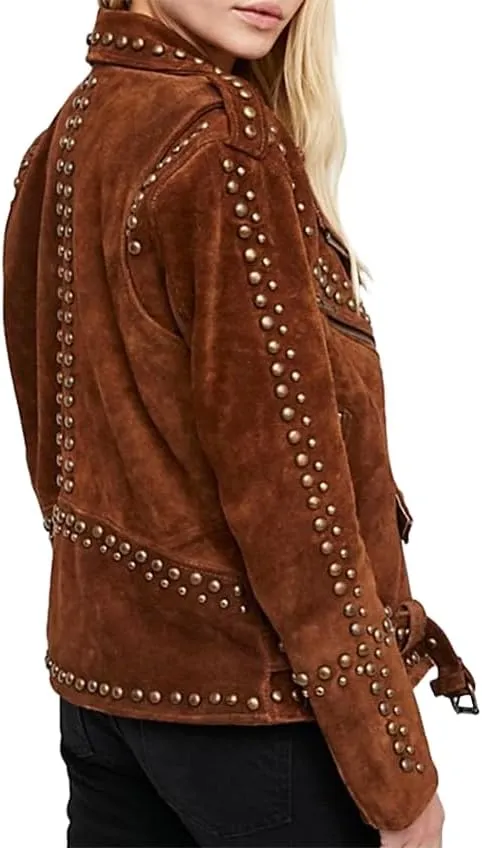 American Women Western Style Brown Black Silver Studded Suede Leather Motorcycle Jacket-Punk Rock Biker Leather Jacket