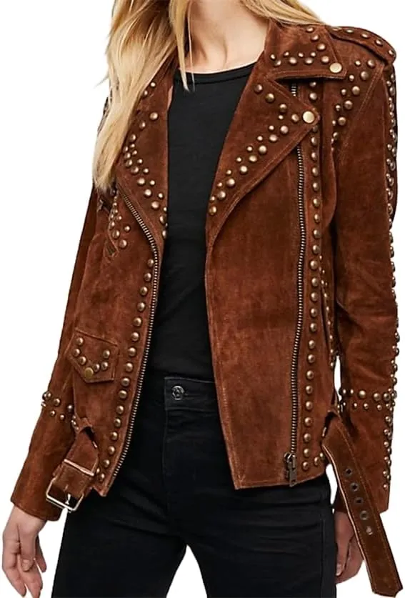 American Women Western Style Brown Black Silver Studded Suede Leather Motorcycle Jacket-Punk Rock Biker Leather Jacket