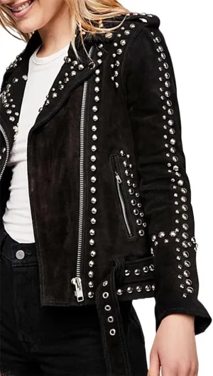 American Women Western Style Brown Black Silver Studded Suede Leather Motorcycle Jacket-Punk Rock Biker Leather Jacket