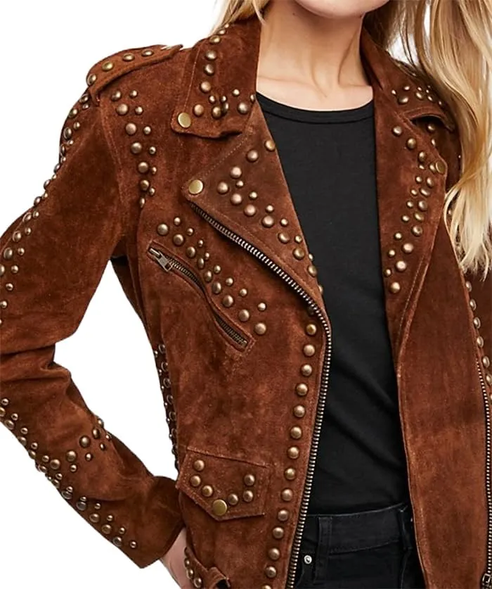 American Women Western Style Brown Black Silver Studded Suede Leather Motorcycle Jacket-Punk Rock Biker Leather Jacket