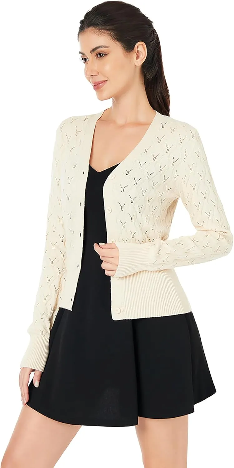 AmlieBoutik Women Lightweight Button Down Long Sleeve Casual V Neck Soft Crochet Knit Fall Cardigan Sweater Tops