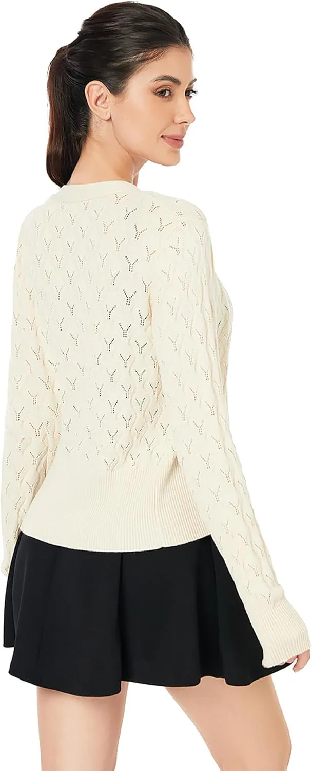 AmlieBoutik Women Lightweight Button Down Long Sleeve Casual V Neck Soft Crochet Knit Fall Cardigan Sweater Tops