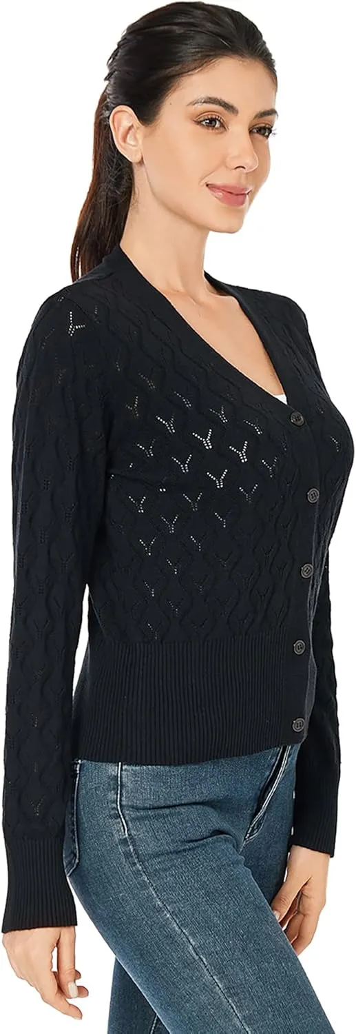 AmlieBoutik Women Lightweight Button Down Long Sleeve Casual V Neck Soft Crochet Knit Fall Cardigan Sweater Tops