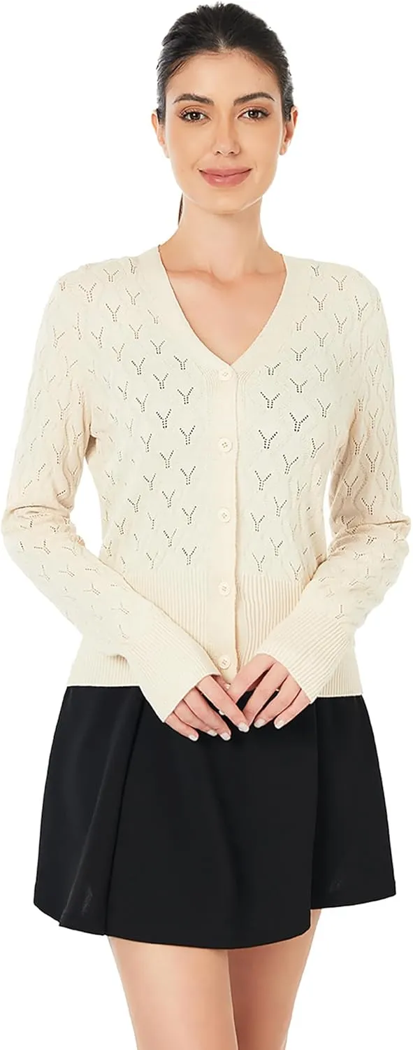 AmlieBoutik Women Lightweight Button Down Long Sleeve Casual V Neck Soft Crochet Knit Fall Cardigan Sweater Tops