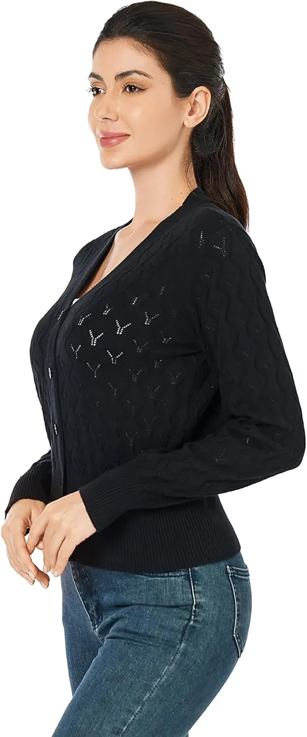 AmlieBoutik Women Lightweight Button Down Long Sleeve Casual V Neck Soft Crochet Knit Fall Cardigan Sweater Tops