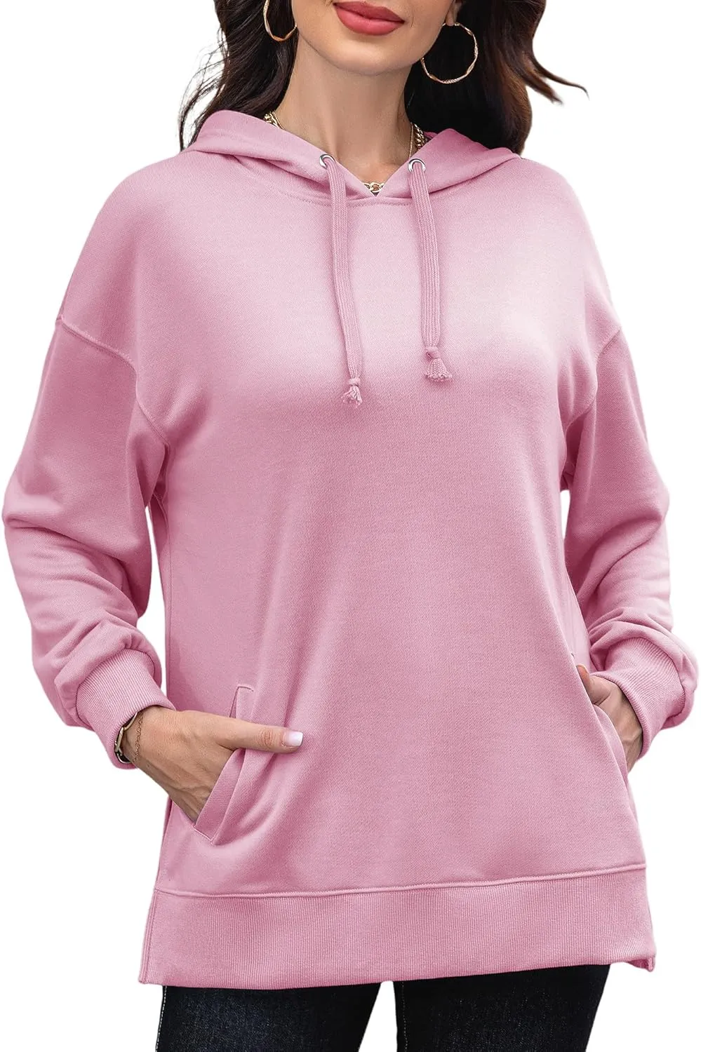 Anbech Womens Long Sleeve Hoodie Pockets Pullover Drop Shoulder Sweatshirts (Light Pink, S)