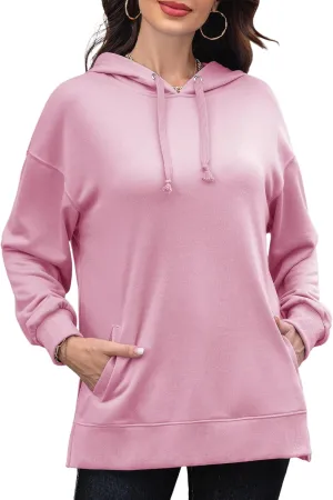 Anbech Womens Long Sleeve Hoodie Pockets Pullover Drop Shoulder Sweatshirts (Light Pink, S)