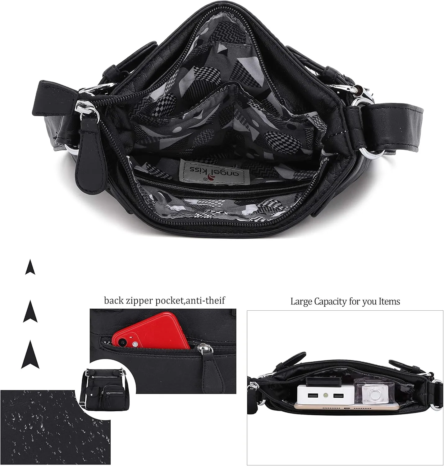 Angel Kiss Crossbody Bags for Women Washed Leather Shoulder Bags Multi Pocket Soft Hobo Purses and Medium Handbags