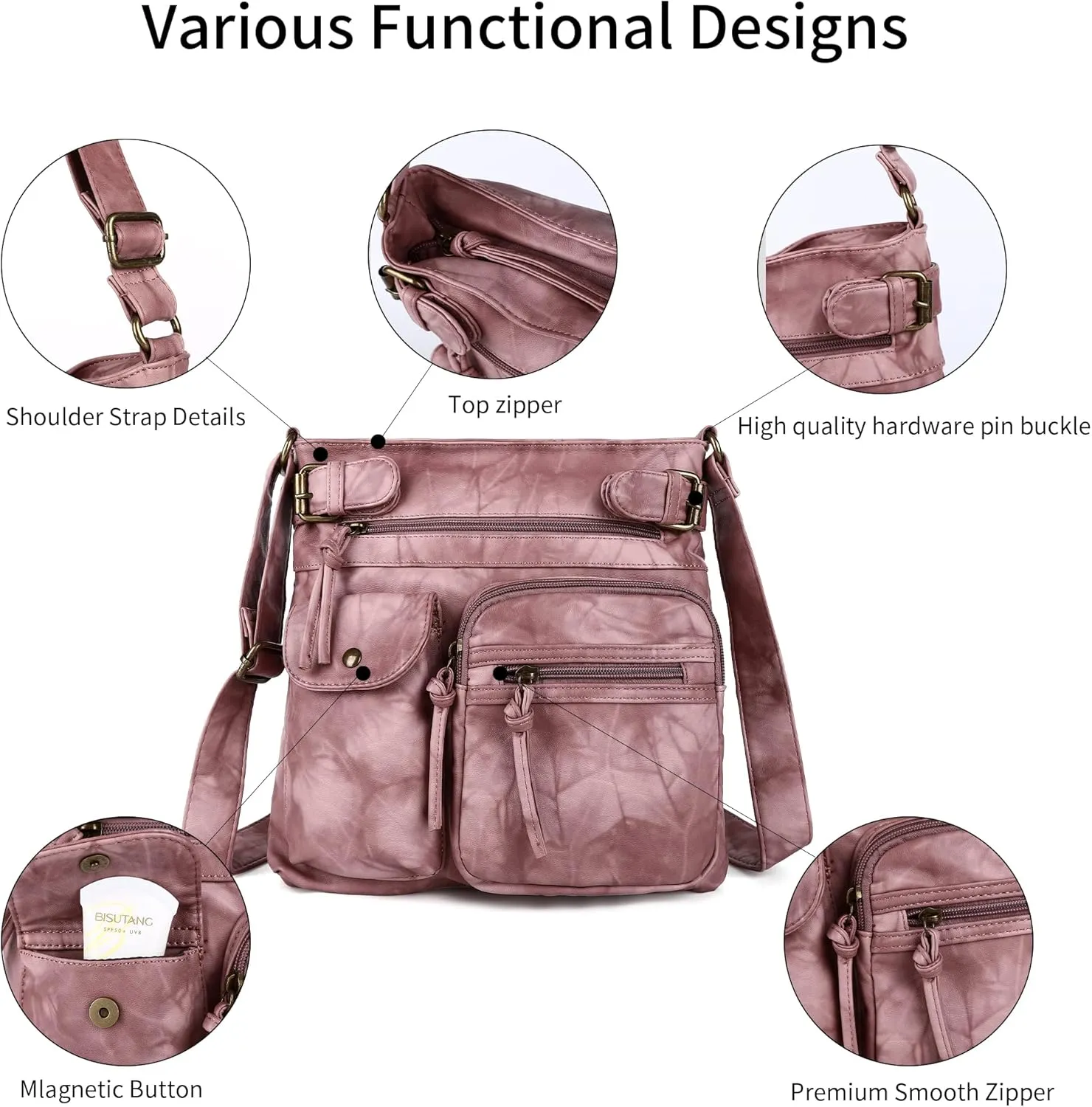 Angel Kiss Crossbody Bags for Women Washed Leather Shoulder Bags Multi Pocket Soft Hobo Purses and Medium Handbags