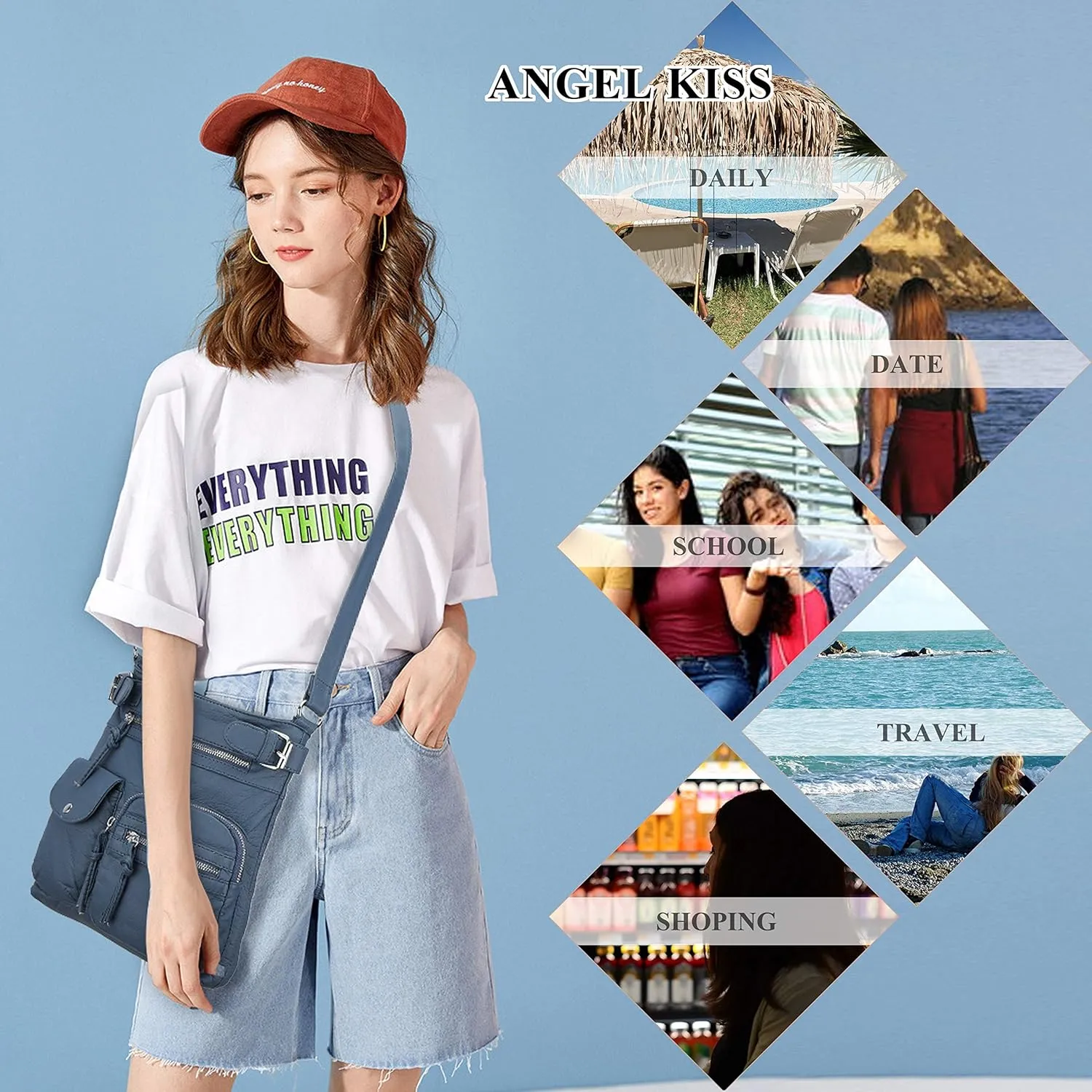 Angel Kiss Crossbody Bags for Women Washed Leather Shoulder Bags Multi Pocket Soft Hobo Purses and Medium Handbags