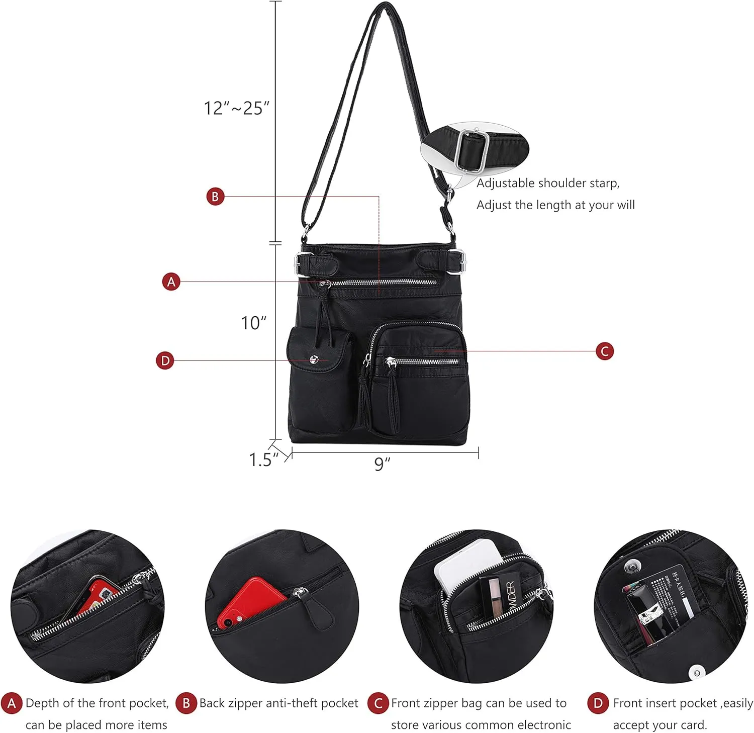 Angel Kiss Crossbody Bags for Women Washed Leather Shoulder Bags Multi Pocket Soft Hobo Purses and Medium Handbags