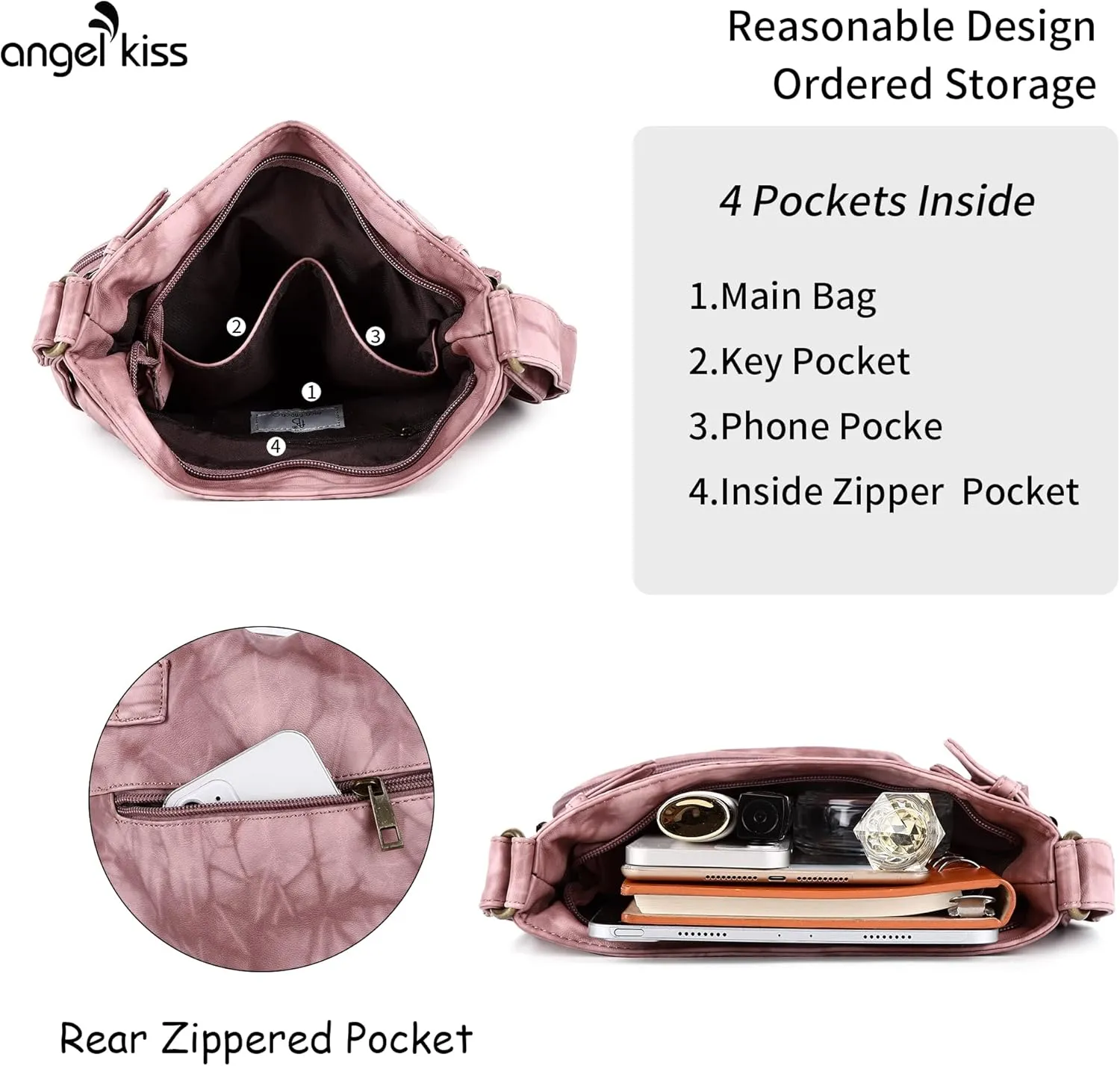 Angel Kiss Crossbody Bags for Women Washed Leather Shoulder Bags Multi Pocket Soft Hobo Purses and Medium Handbags
