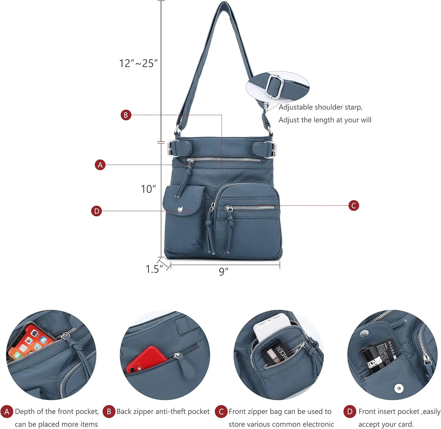 Angel Kiss Crossbody Bags for Women Washed Leather Shoulder Bags Multi Pocket Soft Hobo Purses and Medium Handbags