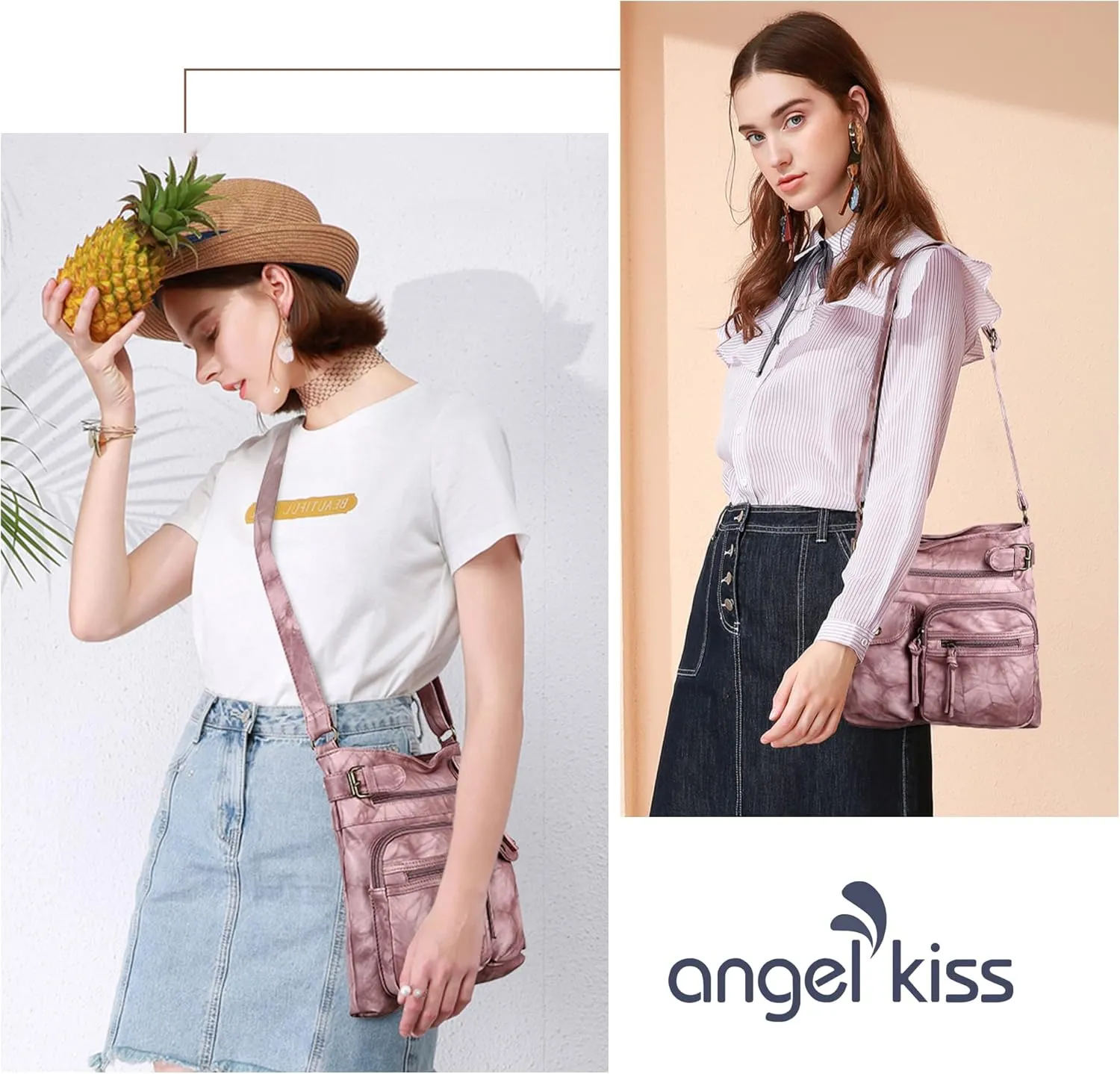 Angel Kiss Crossbody Bags for Women Washed Leather Shoulder Bags Multi Pocket Soft Hobo Purses and Medium Handbags