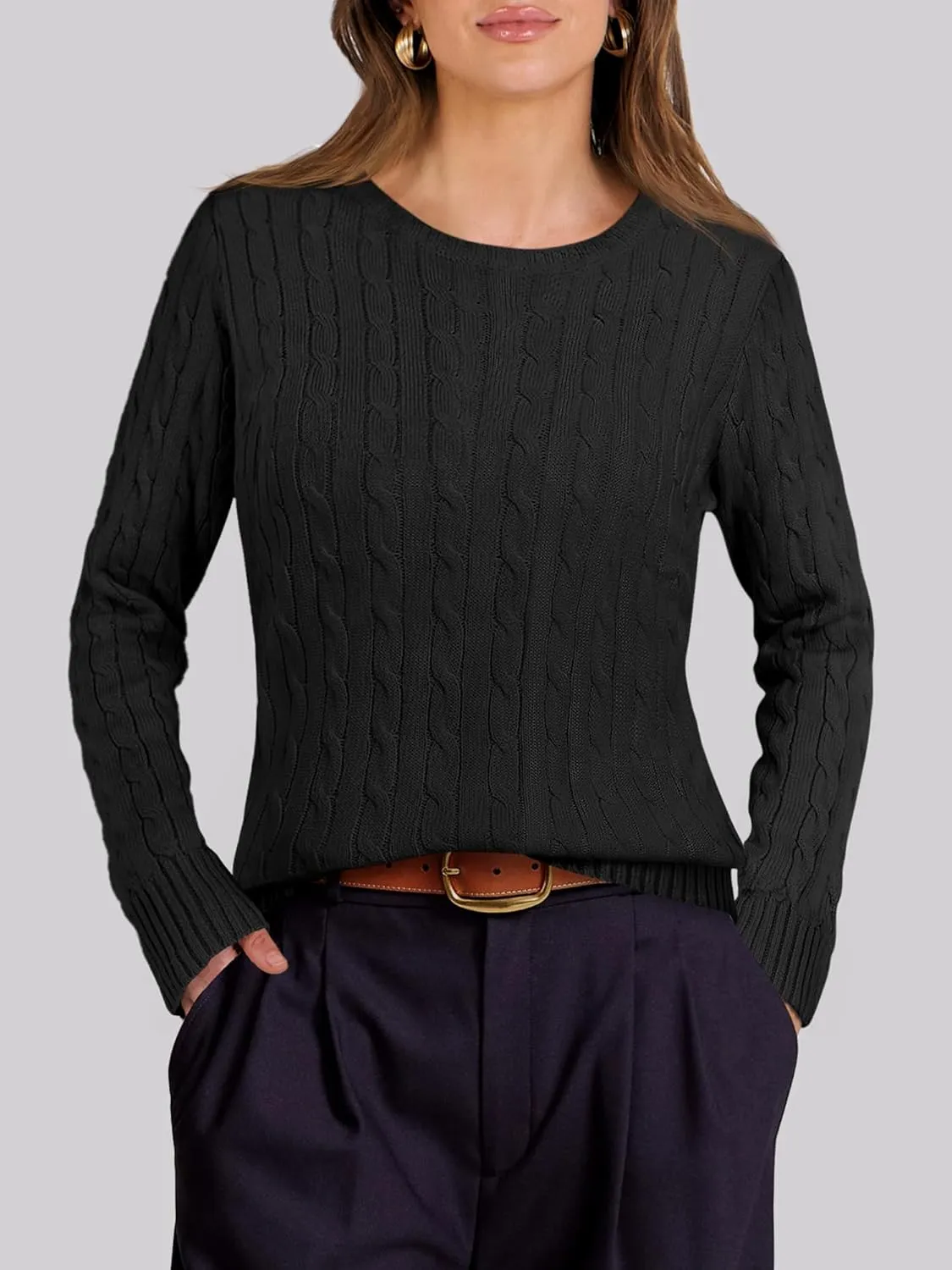 ANRABESS Womens Long Sleeve Cable Knit Sweater Jumper Crewneck Pullover Soft Dressy Casual Tops Cute 2024 Fall Trendy Outfits