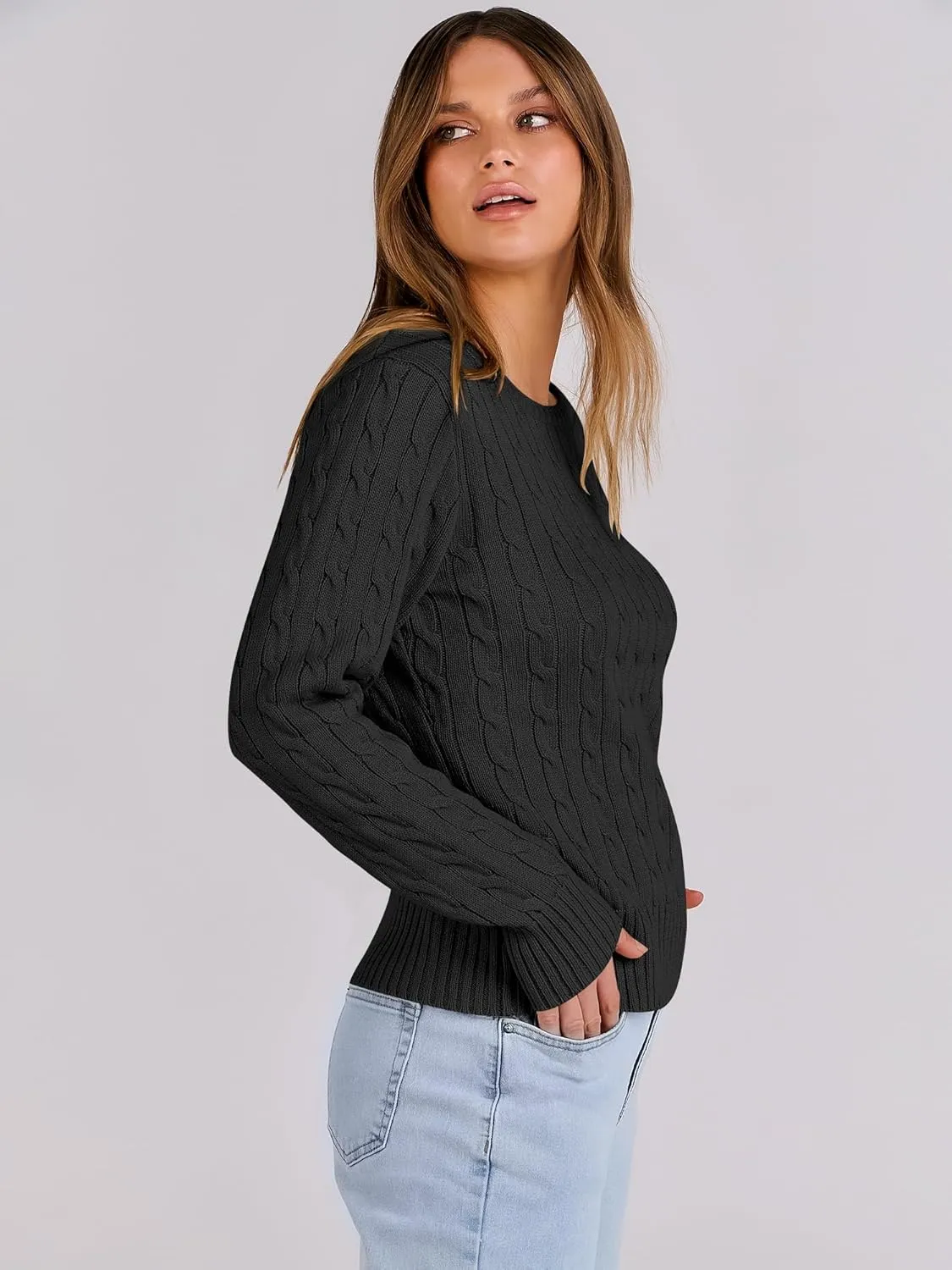 ANRABESS Womens Long Sleeve Cable Knit Sweater Jumper Crewneck Pullover Soft Dressy Casual Tops Cute 2024 Fall Trendy Outfits