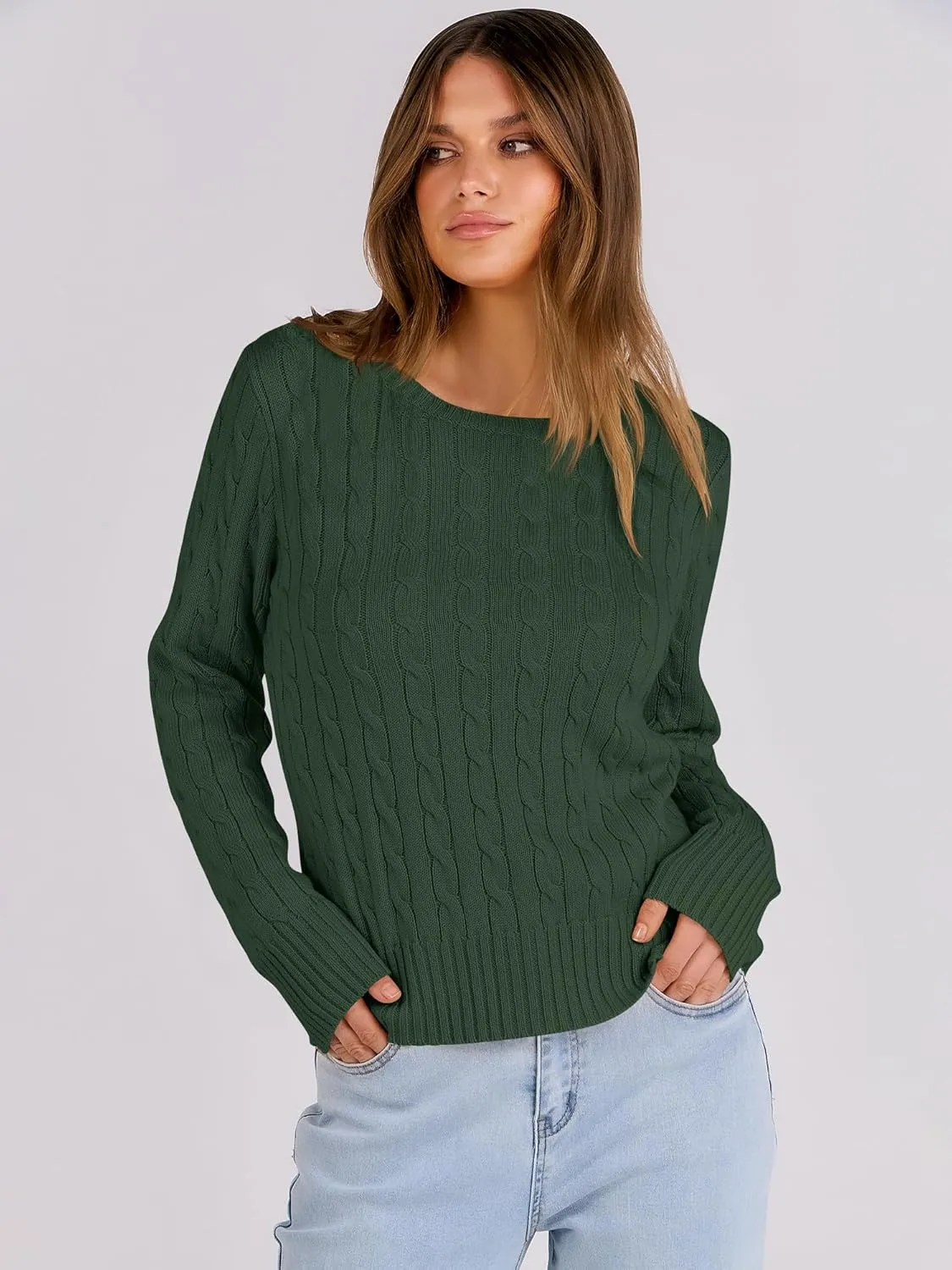 ANRABESS Womens Long Sleeve Cable Knit Sweater Jumper Crewneck Pullover Soft Dressy Casual Tops Cute 2024 Fall Trendy Outfits