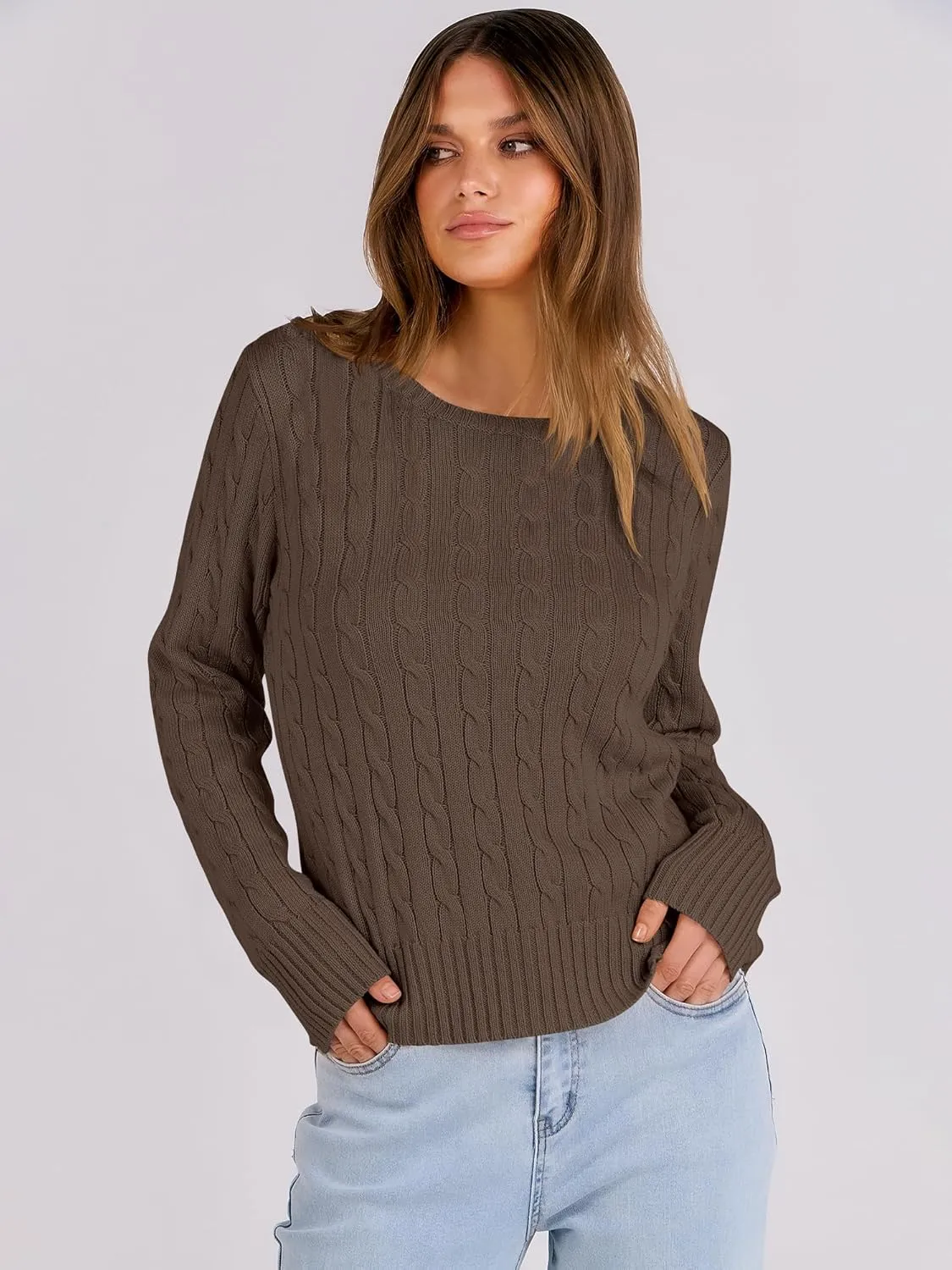 ANRABESS Womens Long Sleeve Cable Knit Sweater Jumper Crewneck Pullover Soft Dressy Casual Tops Cute 2024 Fall Trendy Outfits