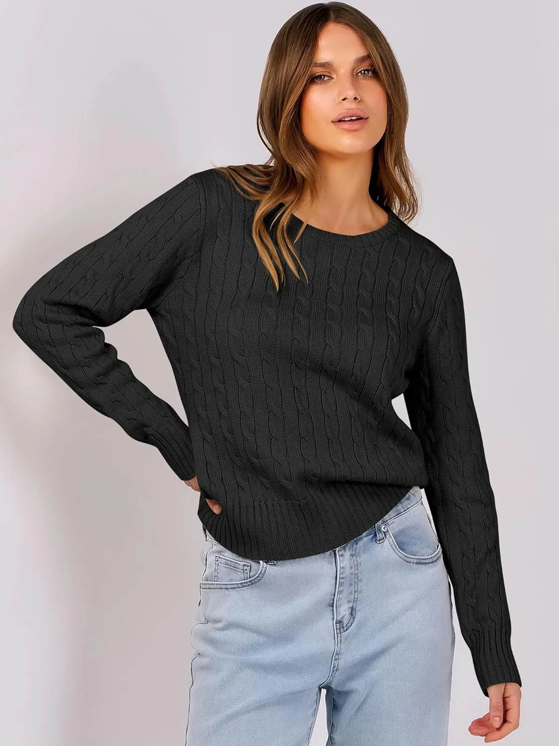 ANRABESS Womens Long Sleeve Cable Knit Sweater Jumper Crewneck Pullover Soft Dressy Casual Tops Cute 2024 Fall Trendy Outfits