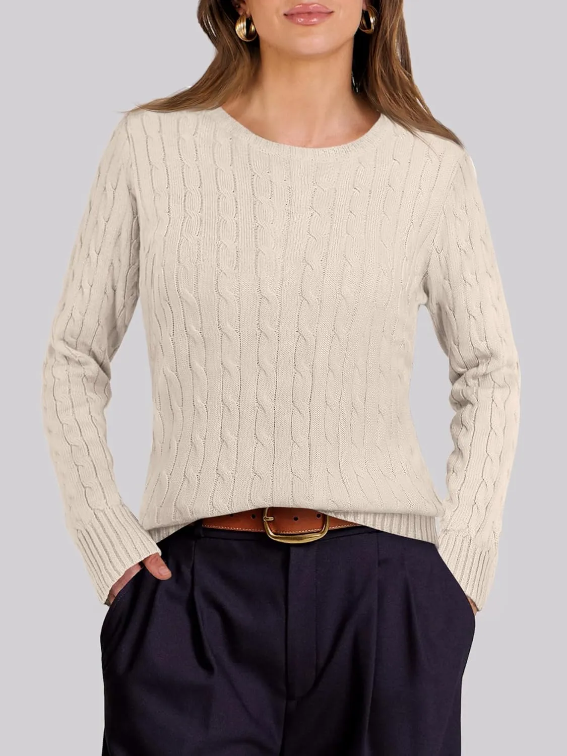 ANRABESS Womens Long Sleeve Cable Knit Sweater Jumper Crewneck Pullover Soft Dressy Casual Tops Cute 2024 Fall Trendy Outfits