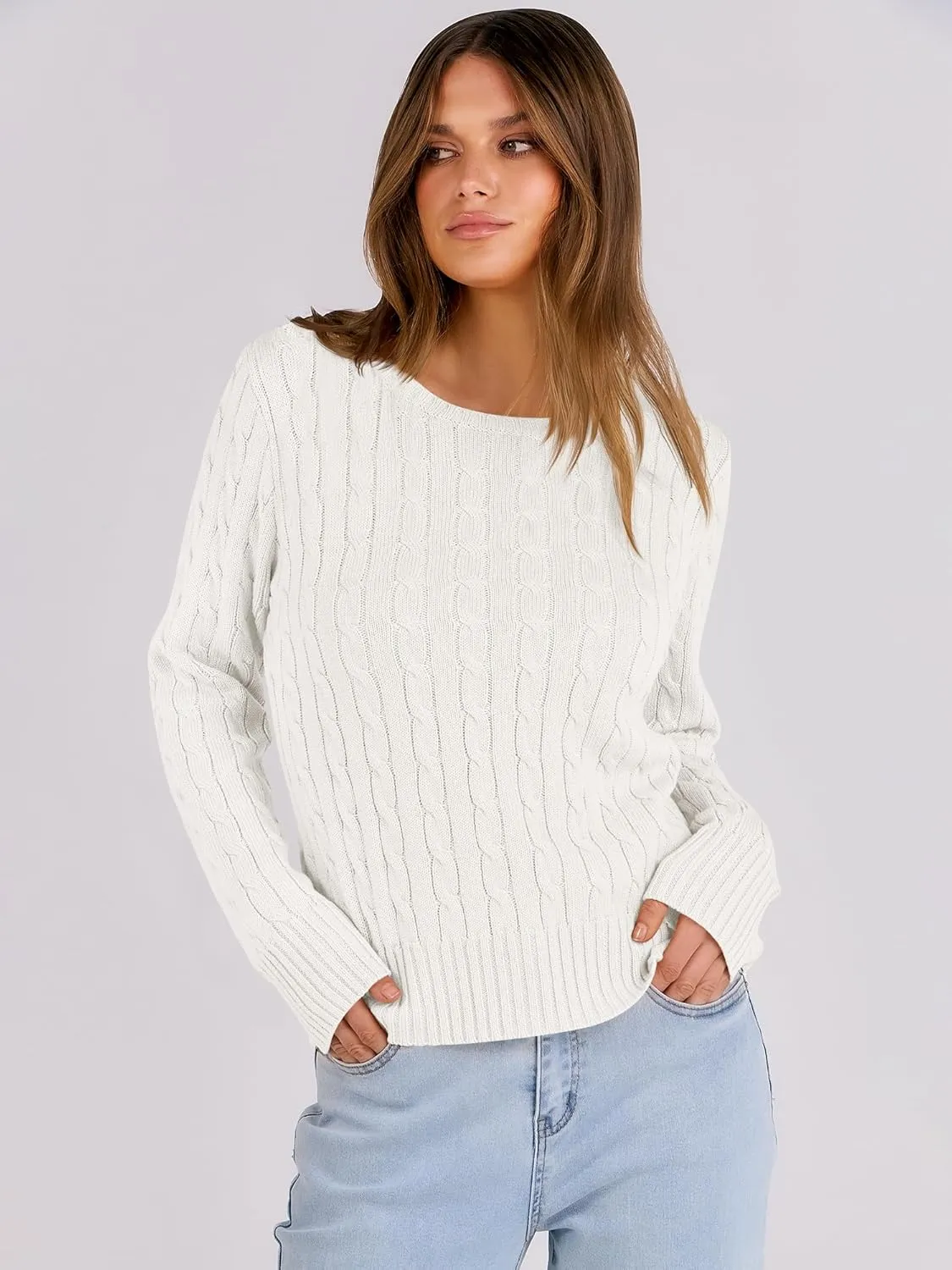ANRABESS Womens Long Sleeve Cable Knit Sweater Jumper Crewneck Pullover Soft Dressy Casual Tops Cute 2024 Fall Trendy Outfits