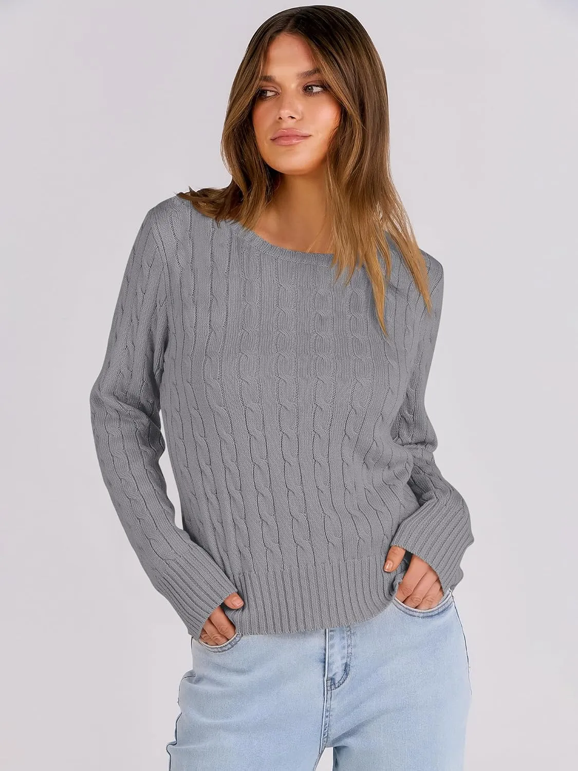 ANRABESS Womens Long Sleeve Cable Knit Sweater Jumper Crewneck Pullover Soft Dressy Casual Tops Cute 2024 Fall Trendy Outfits