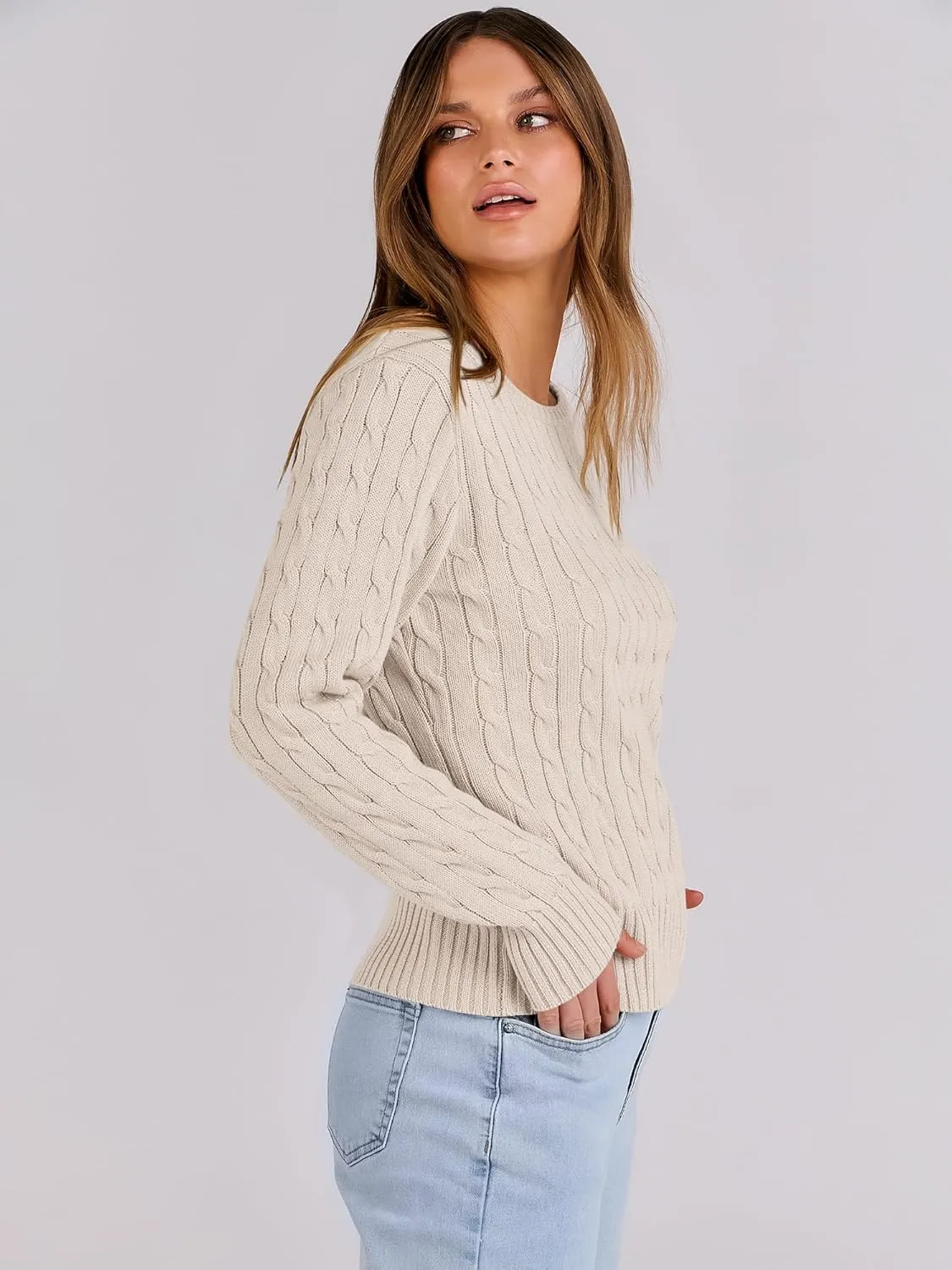 ANRABESS Womens Long Sleeve Cable Knit Sweater Jumper Crewneck Pullover Soft Dressy Casual Tops Cute 2024 Fall Trendy Outfits