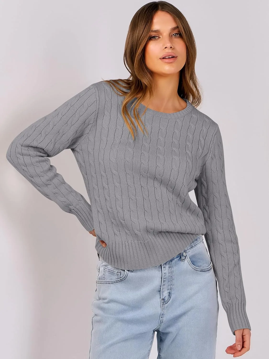 ANRABESS Womens Long Sleeve Cable Knit Sweater Jumper Crewneck Pullover Soft Dressy Casual Tops Cute 2024 Fall Trendy Outfits
