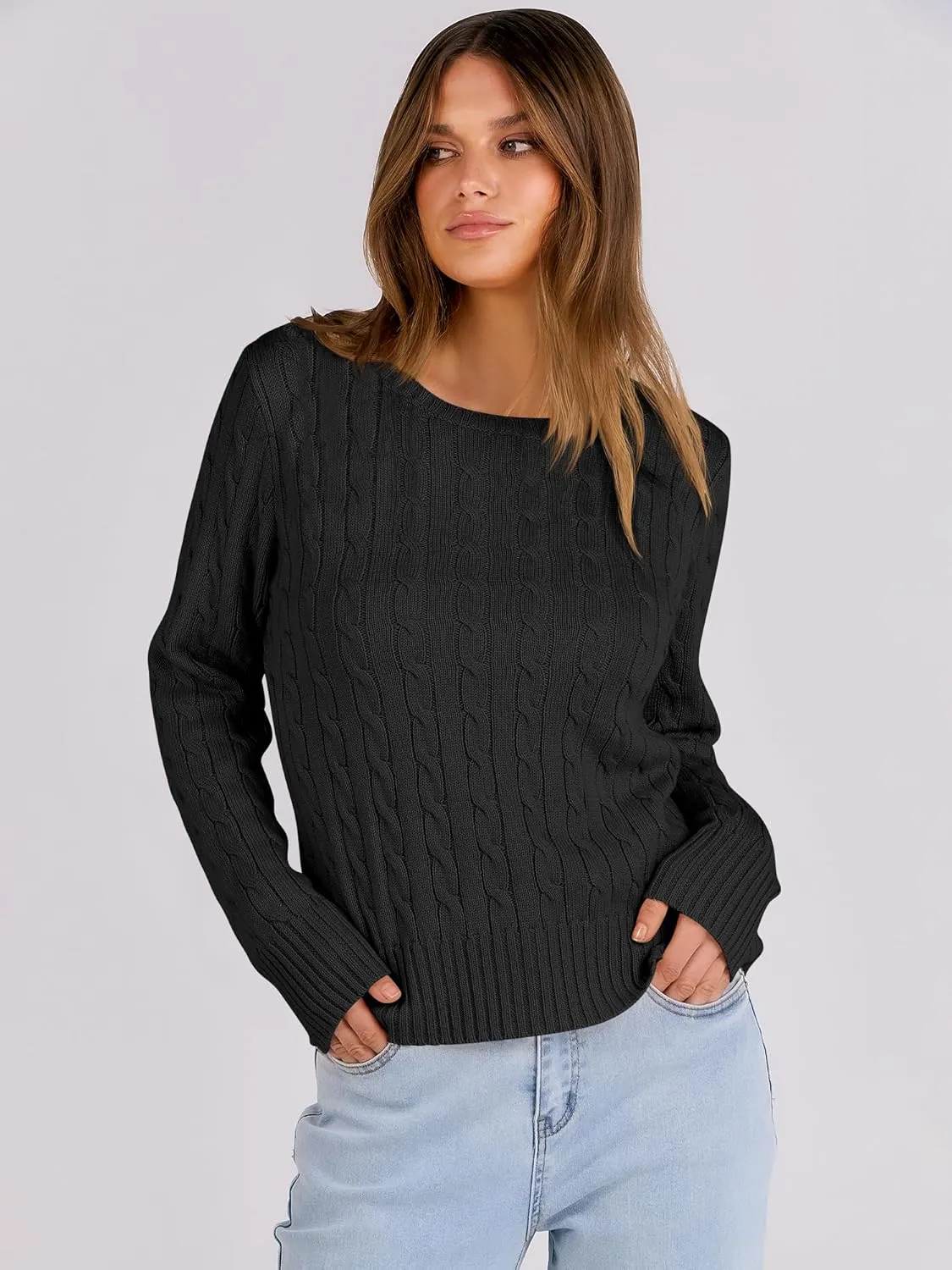 ANRABESS Womens Long Sleeve Cable Knit Sweater Jumper Crewneck Pullover Soft Dressy Casual Tops Cute 2024 Fall Trendy Outfits