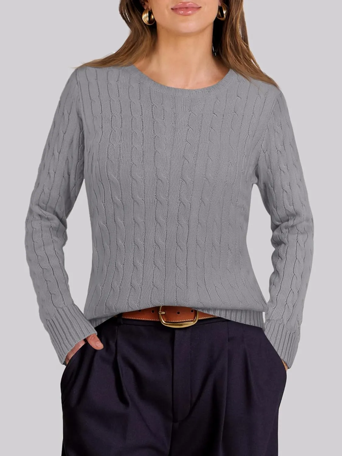 ANRABESS Womens Long Sleeve Cable Knit Sweater Jumper Crewneck Pullover Soft Dressy Casual Tops Cute 2024 Fall Trendy Outfits