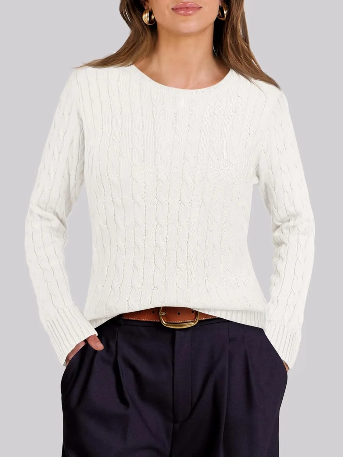 ANRABESS Womens Long Sleeve Cable Knit Sweater Jumper Crewneck Pullover Soft Dressy Casual Tops Cute 2024 Fall Trendy Outfits