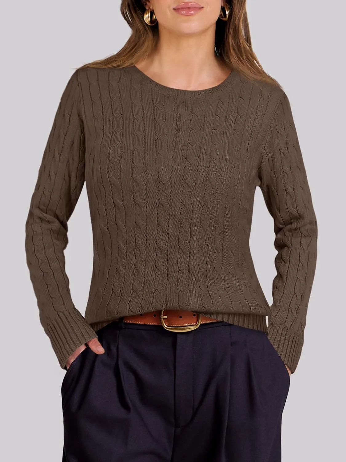 ANRABESS Womens Long Sleeve Cable Knit Sweater Jumper Crewneck Pullover Soft Dressy Casual Tops Cute 2024 Fall Trendy Outfits