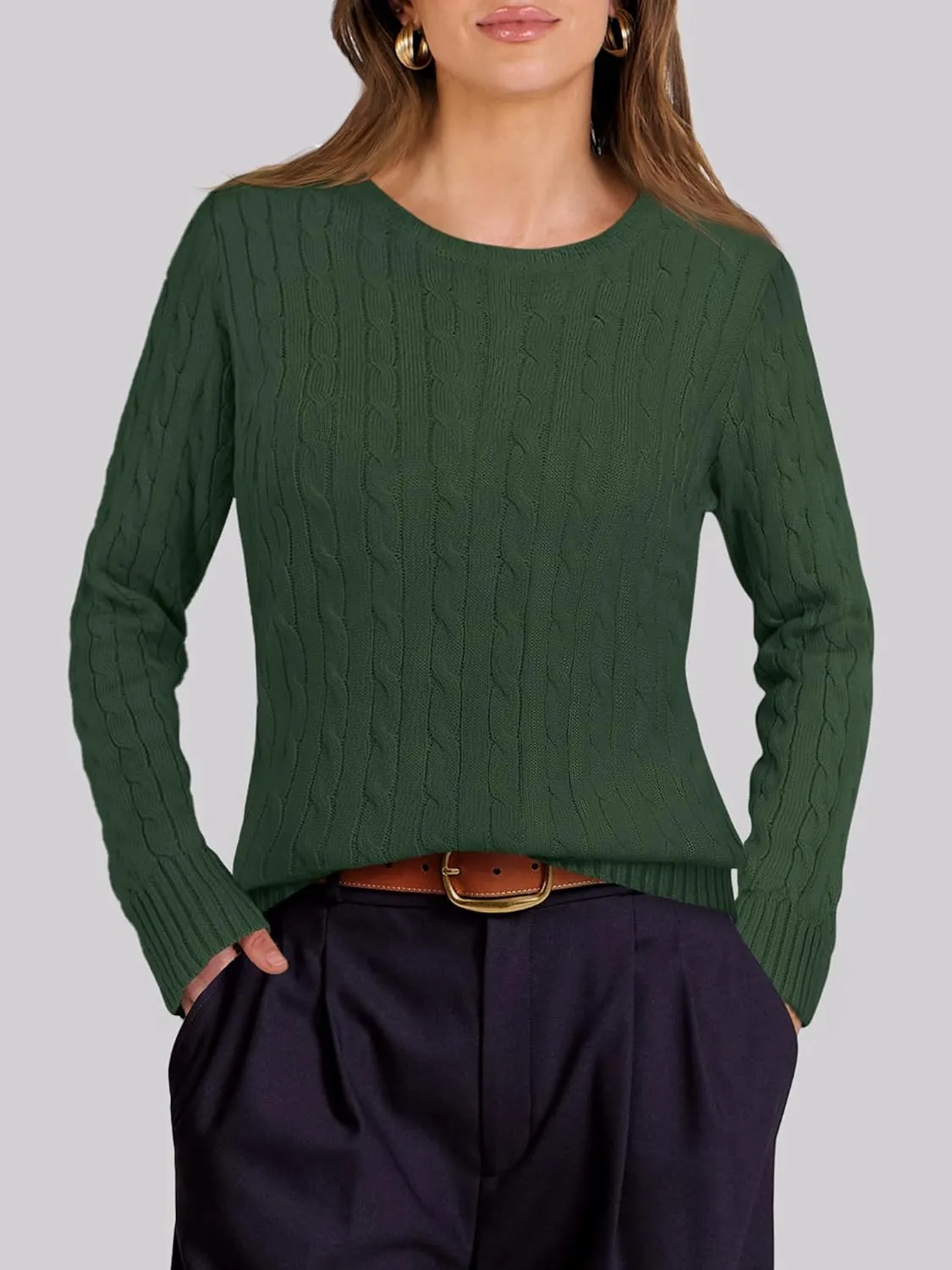 ANRABESS Womens Long Sleeve Cable Knit Sweater Jumper Crewneck Pullover Soft Dressy Casual Tops Cute 2024 Fall Trendy Outfits