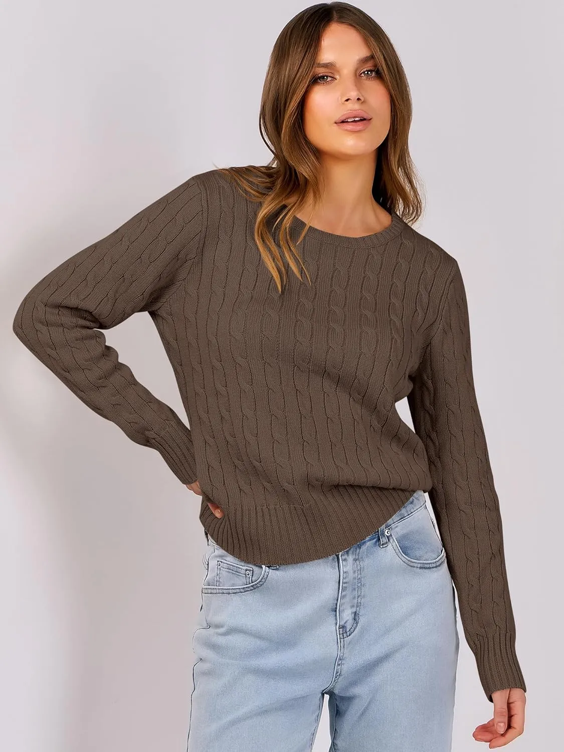 ANRABESS Womens Long Sleeve Cable Knit Sweater Jumper Crewneck Pullover Soft Dressy Casual Tops Cute 2024 Fall Trendy Outfits