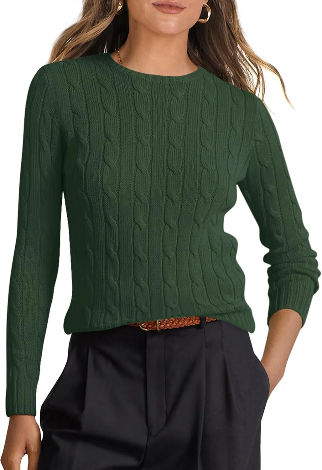 ANRABESS Womens Long Sleeve Cable Knit Sweater Jumper Crewneck Pullover Soft Dressy Casual Tops Cute 2024 Fall Trendy Outfits