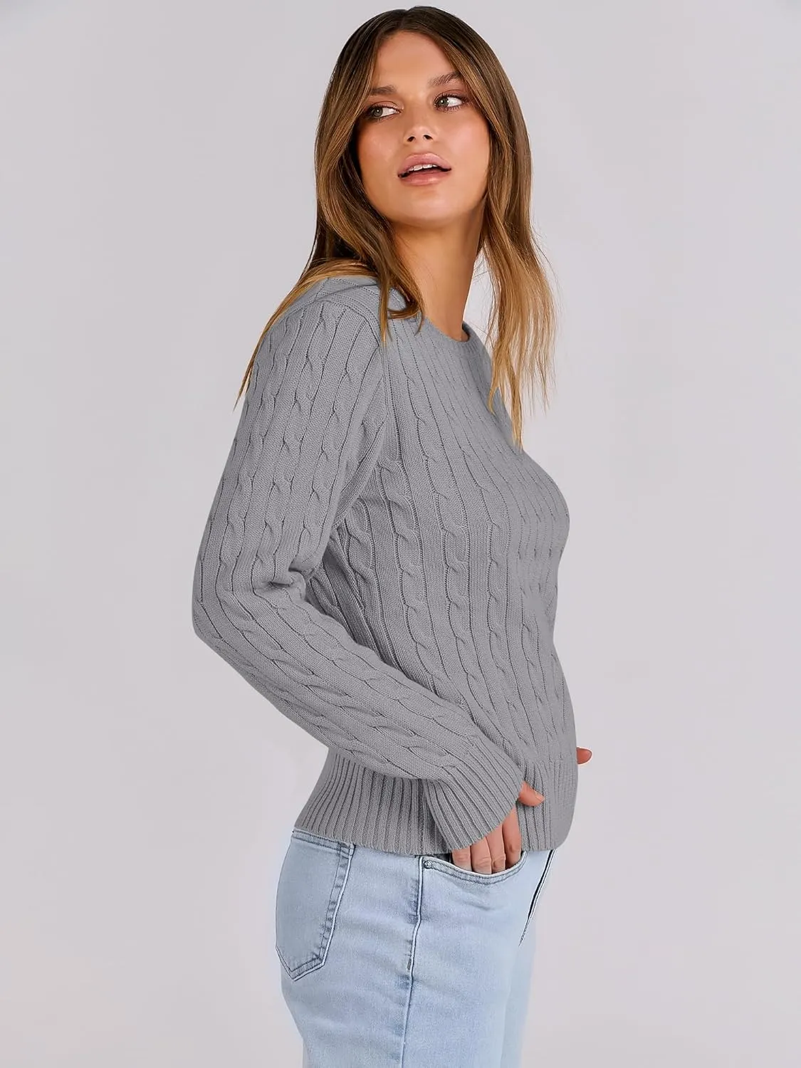ANRABESS Womens Long Sleeve Cable Knit Sweater Jumper Crewneck Pullover Soft Dressy Casual Tops Cute 2024 Fall Trendy Outfits