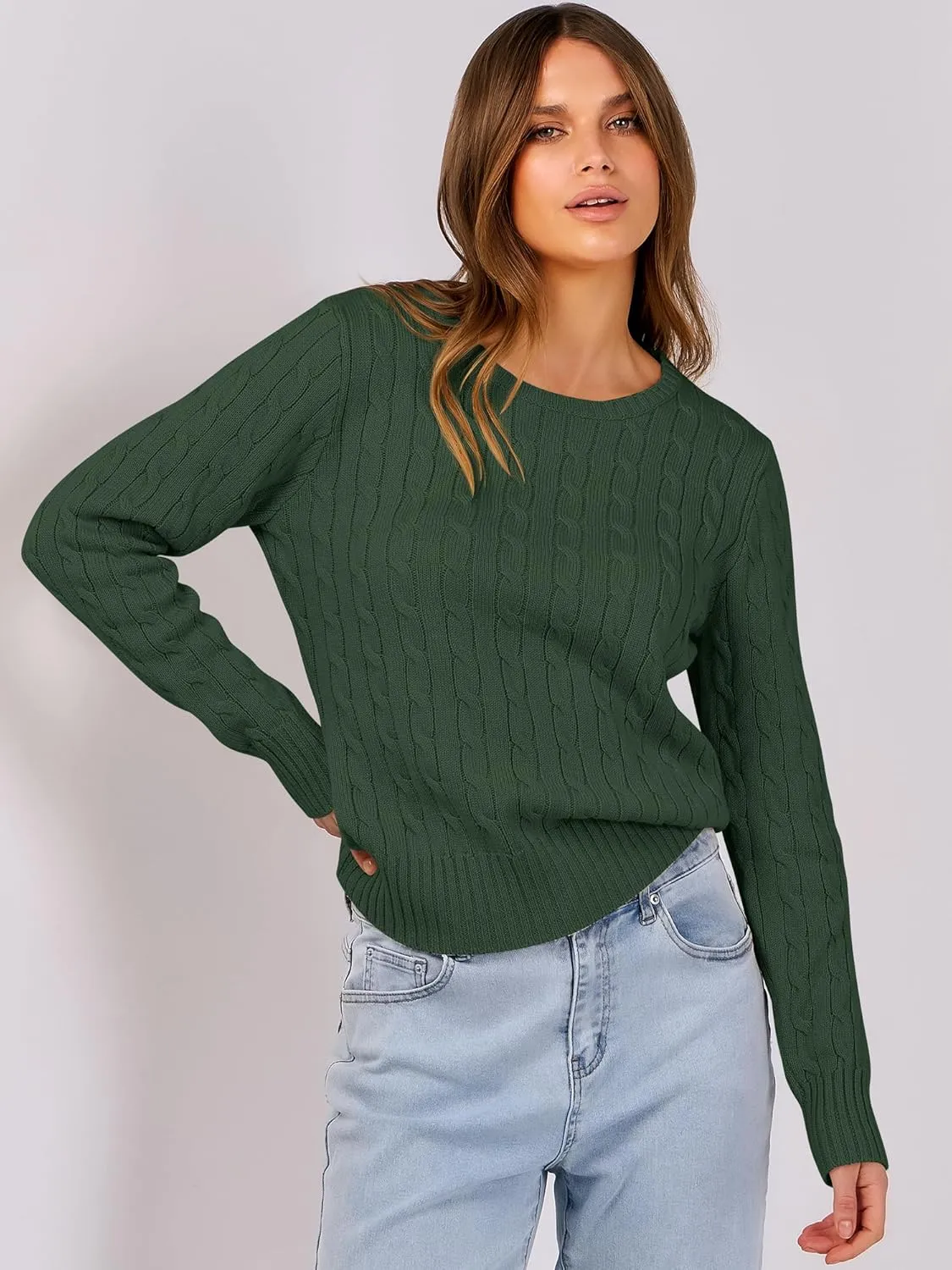 ANRABESS Womens Long Sleeve Cable Knit Sweater Jumper Crewneck Pullover Soft Dressy Casual Tops Cute 2024 Fall Trendy Outfits