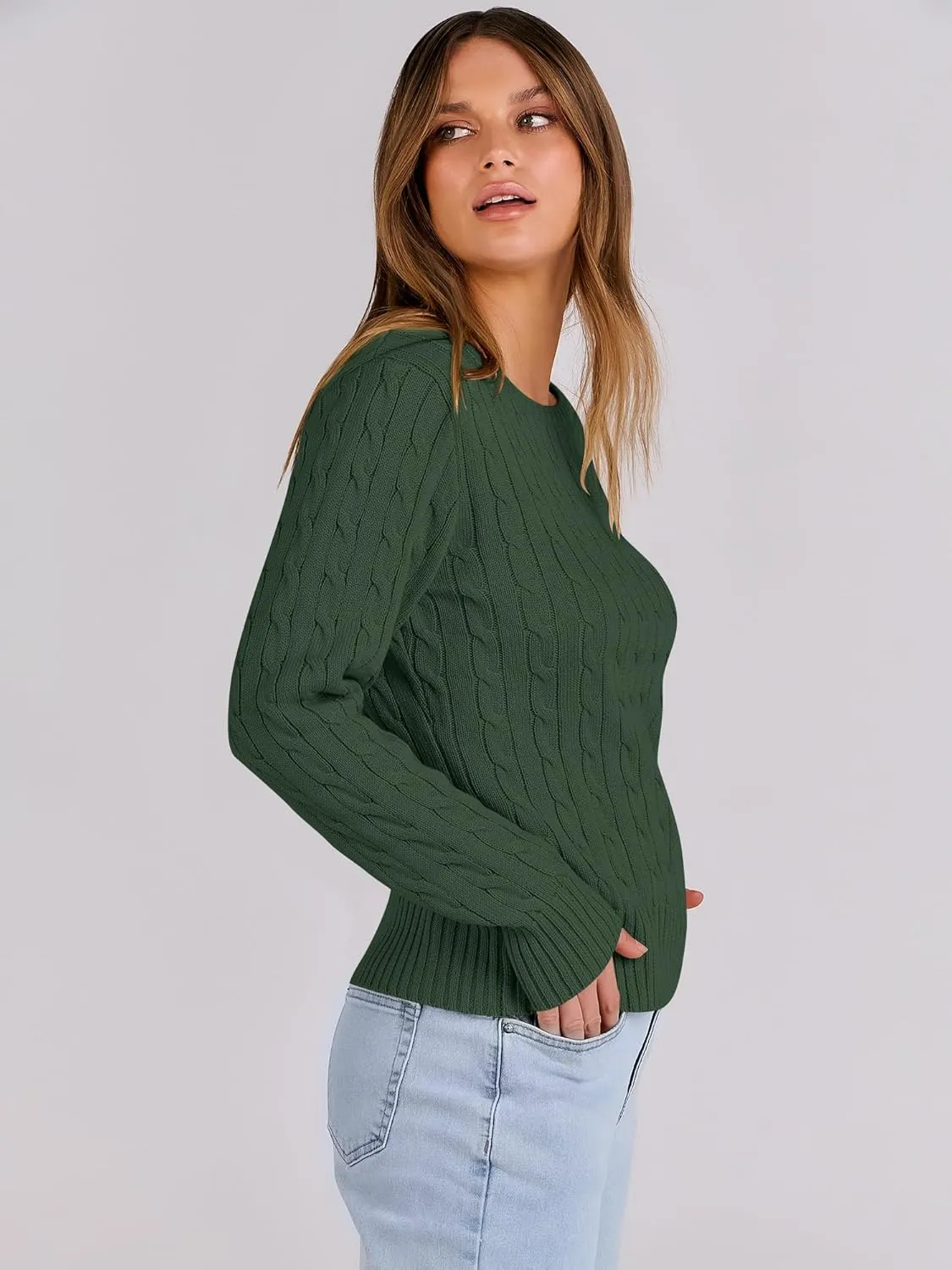 ANRABESS Womens Long Sleeve Cable Knit Sweater Jumper Crewneck Pullover Soft Dressy Casual Tops Cute 2024 Fall Trendy Outfits