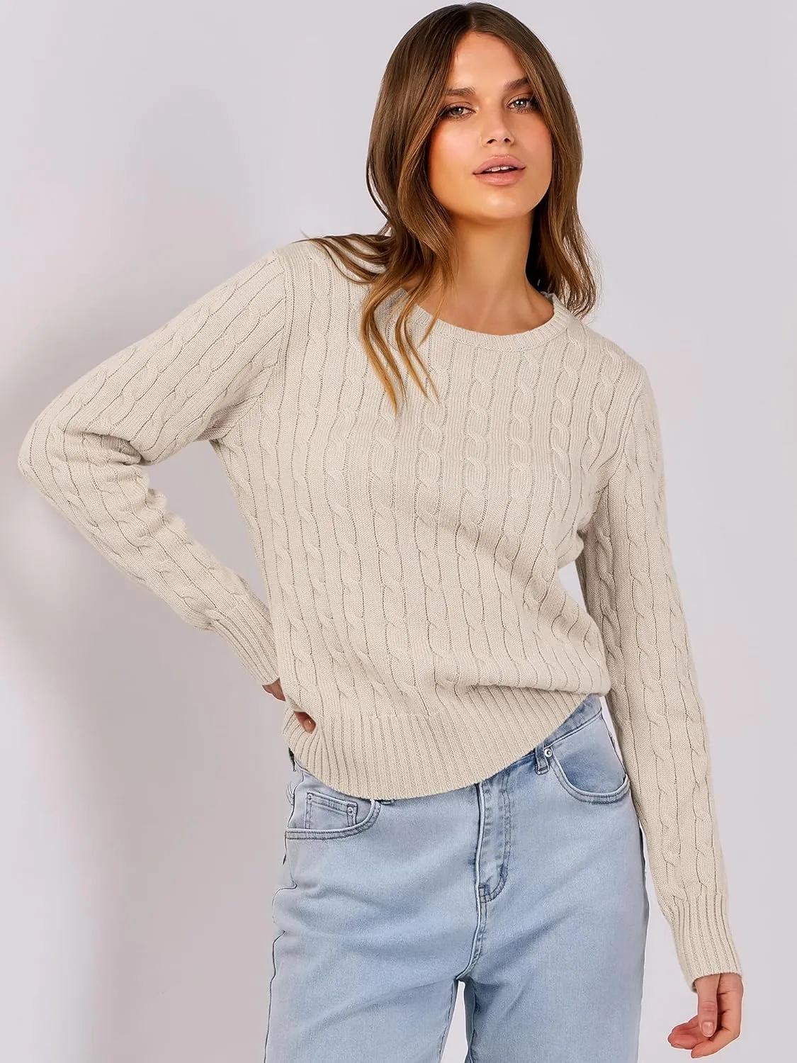 ANRABESS Womens Long Sleeve Cable Knit Sweater Jumper Crewneck Pullover Soft Dressy Casual Tops Cute 2024 Fall Trendy Outfits