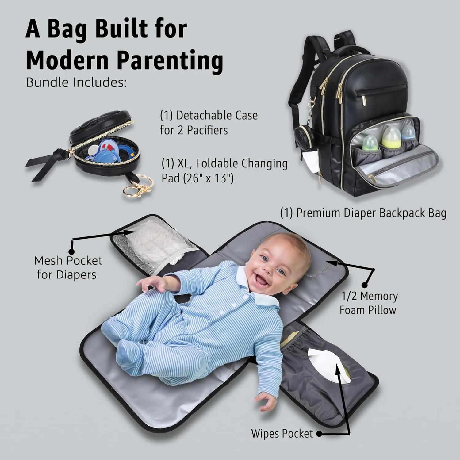 Award-Winning 3 in 1 Faux Leather Diaper Bag Backpack  Stylish Unisex 31L Design, 21 Pockets, USB Port, Changing Pad, Pacifier Case, Stroller Straps & Waterproof PU Leather Diaper Bag