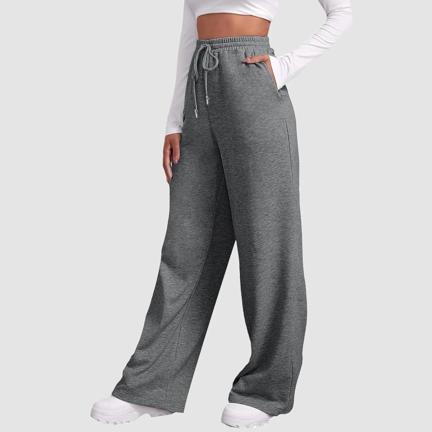 Baggy Sweatpants for Women Elastic High Waist Drawstring Straight Wide Leg Lounge Pants Open Bottom Athletic Joggers Trousers