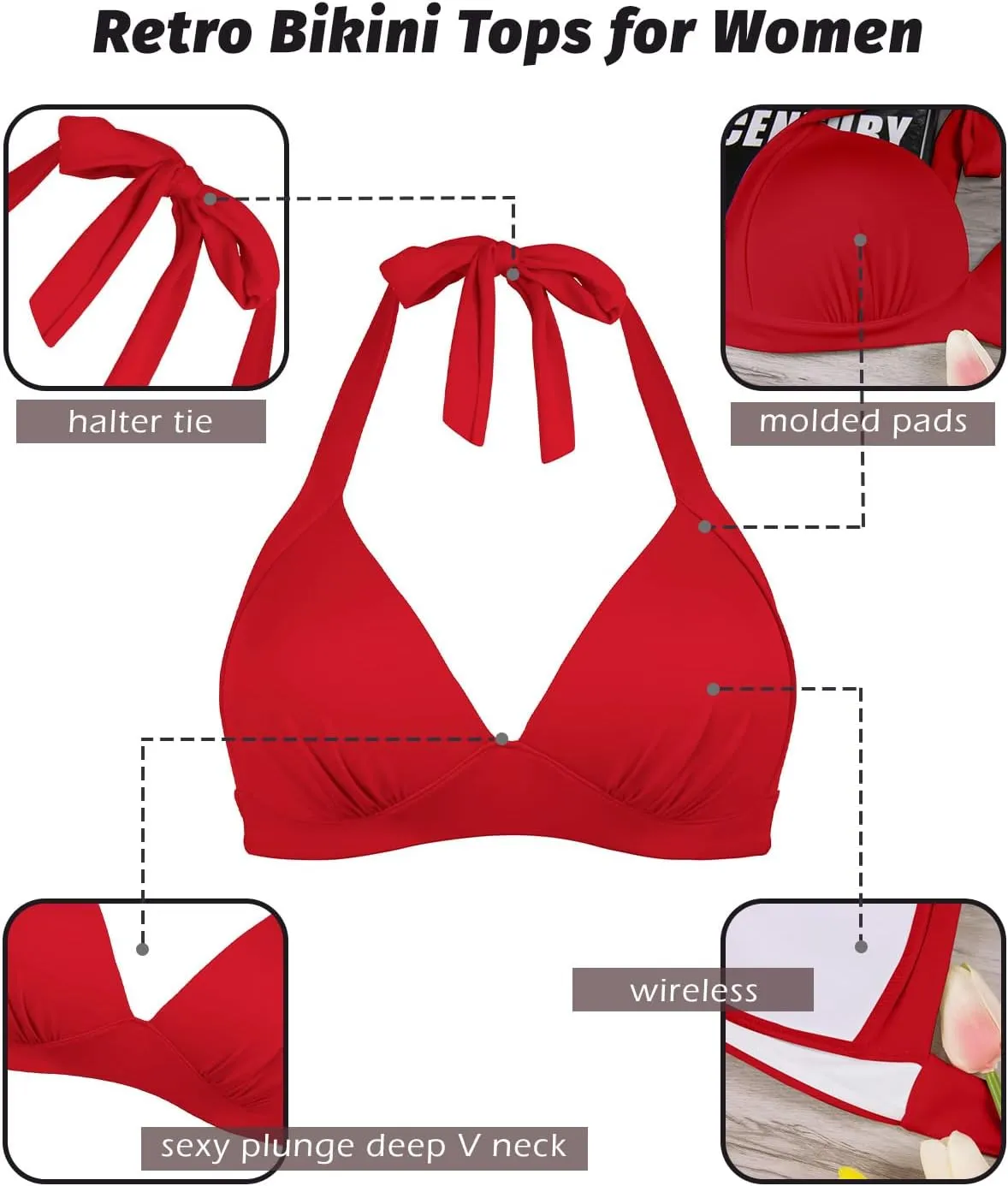 Balasami Women's Vintage 50s Halter Neck Tie Knot Back Soft Molded Padding Bikini Top Swimsuit Bathing Suit Tops Only