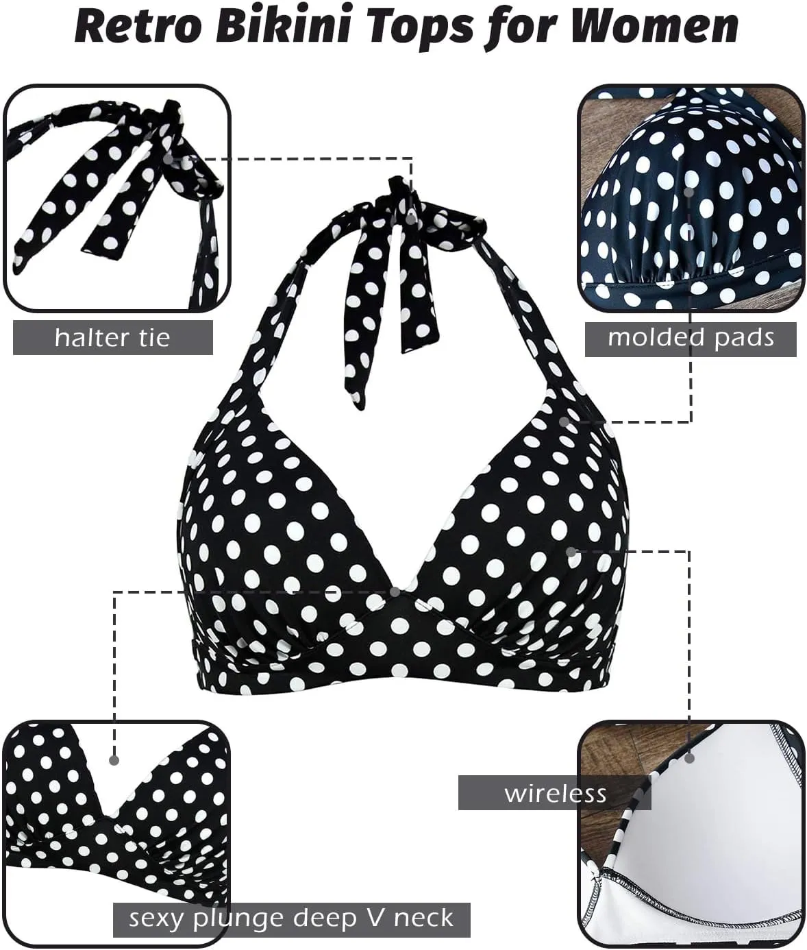 Balasami Women's Vintage 50s Halter Neck Tie Knot Back Soft Molded Padding Bikini Top Swimsuit Bathing Suit Tops Only