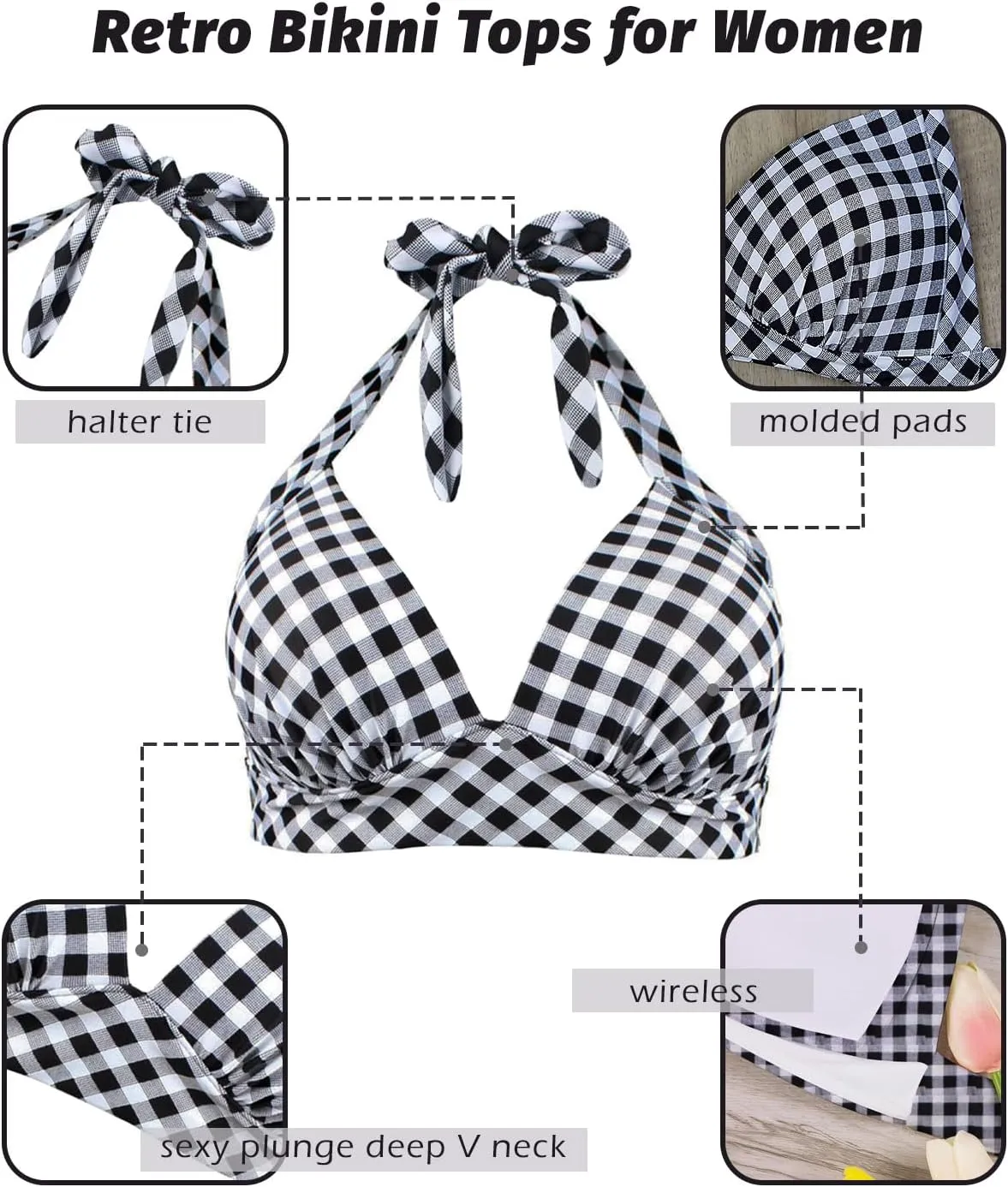 Balasami Women's Vintage 50s Halter Neck Tie Knot Back Soft Molded Padding Bikini Top Swimsuit Bathing Suit Tops Only