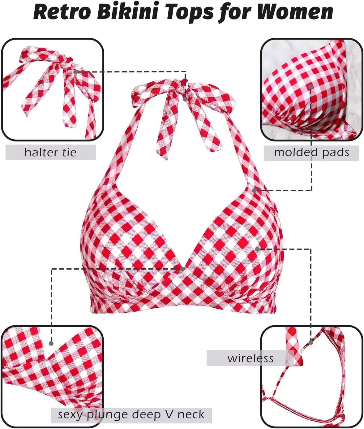Balasami Women's Vintage 50s Halter Neck Tie Knot Back Soft Molded Padding Bikini Top Swimsuit Bathing Suit Tops Only