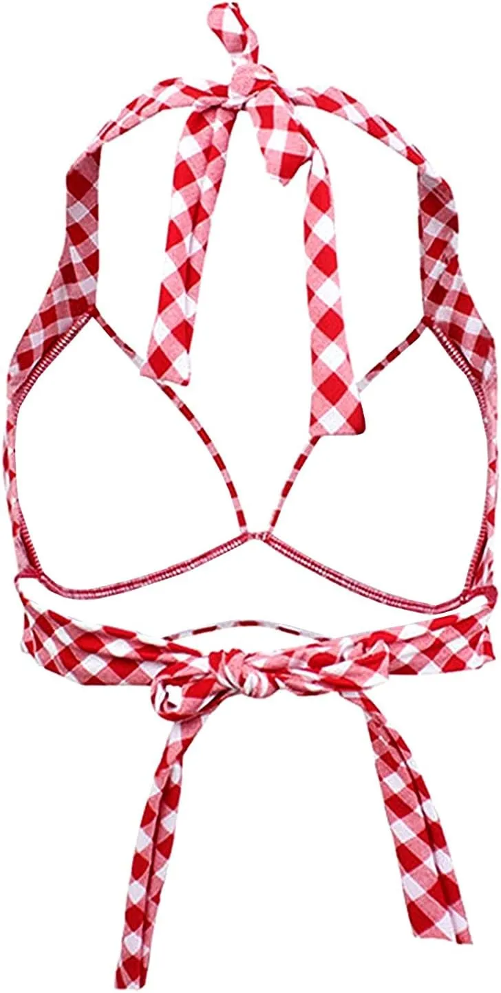 Balasami Women's Vintage 50s Halter Neck Tie Knot Back Soft Molded Padding Bikini Top Swimsuit Bathing Suit Tops Only