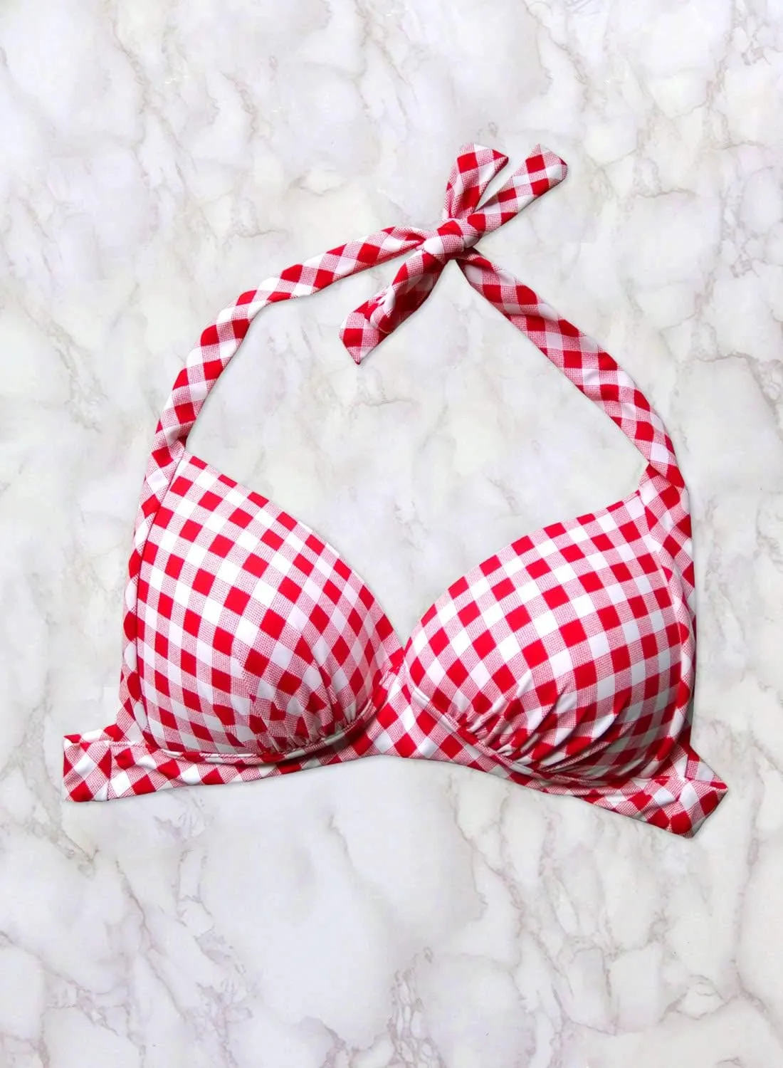Balasami Women's Vintage 50s Halter Neck Tie Knot Back Soft Molded Padding Bikini Top Swimsuit Bathing Suit Tops Only