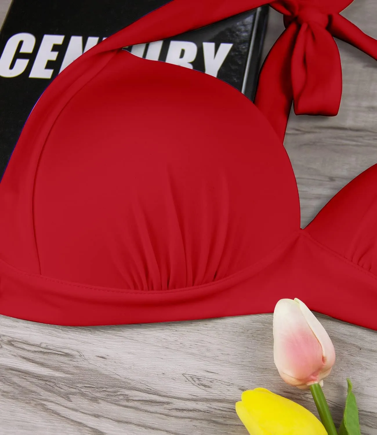 Balasami Women's Vintage 50s Halter Neck Tie Knot Back Soft Molded Padding Bikini Top Swimsuit Bathing Suit Tops Only
