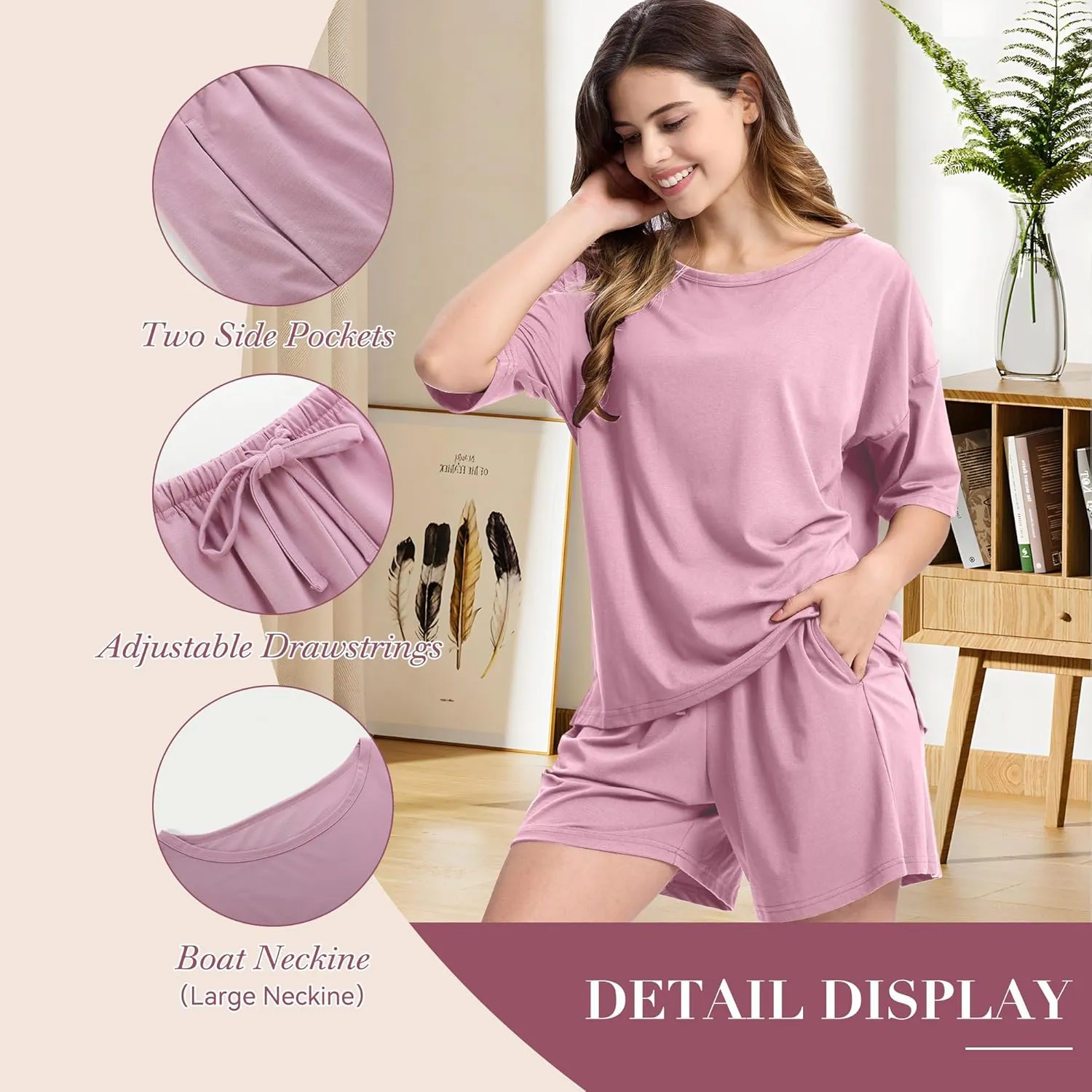 BAMBOO COOL Women's Pajama Sets 2-piece Sleepwear Lounge Sleep Set Soft Short Sleeve Tops and Shorts with Pockets